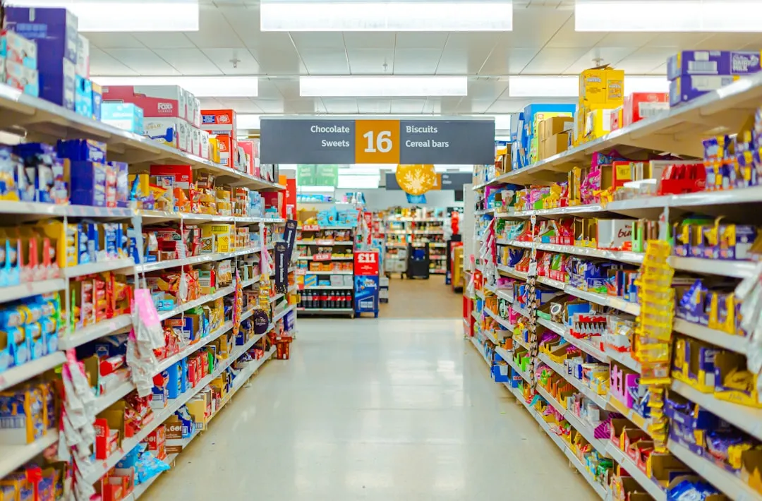 a grocery store aisle filled with lots of food