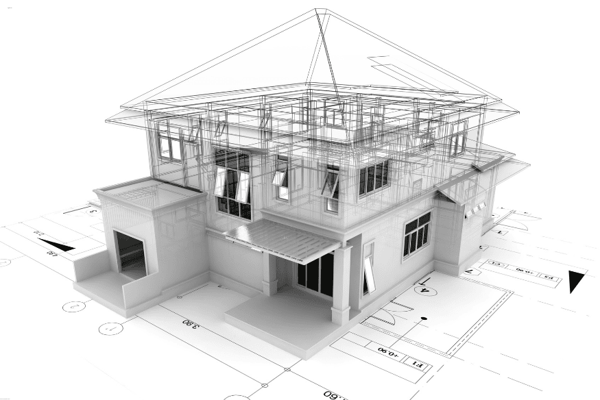 Modelo tridimensional de casa com sobreposição de planta técnica e estrutura arquitetônica.