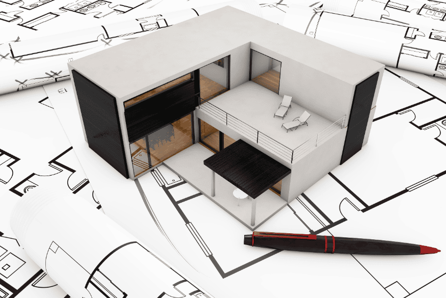 maquete arquitetônica de casa modular sobre plantas e projeto técnico