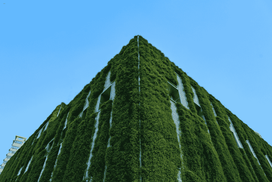 Prédio alto com fachada totalmente revestida por plantas verdes.