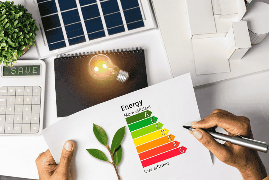 Planejamento de eficiência energética com gráfico de classificação e elementos sustentáveis.