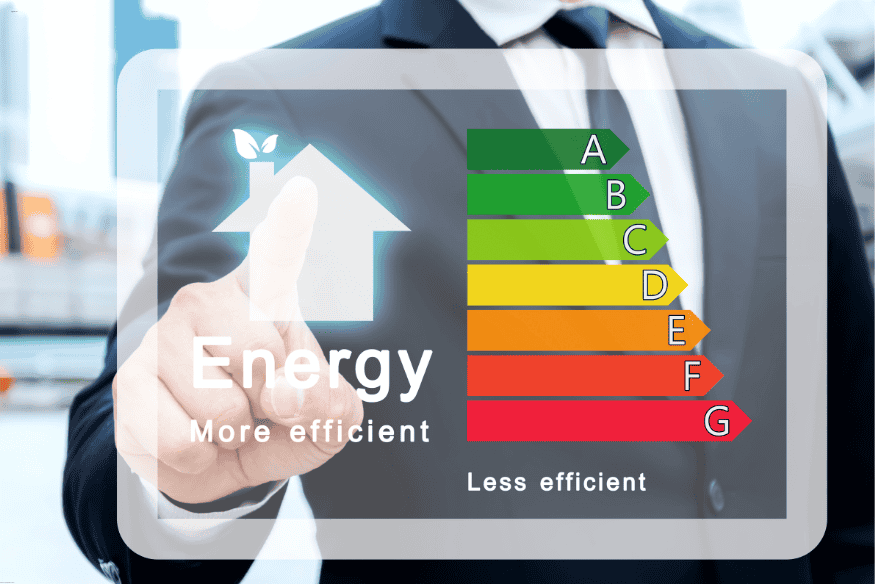 Classificação de eficiência energética com níveis de A a G para residências.