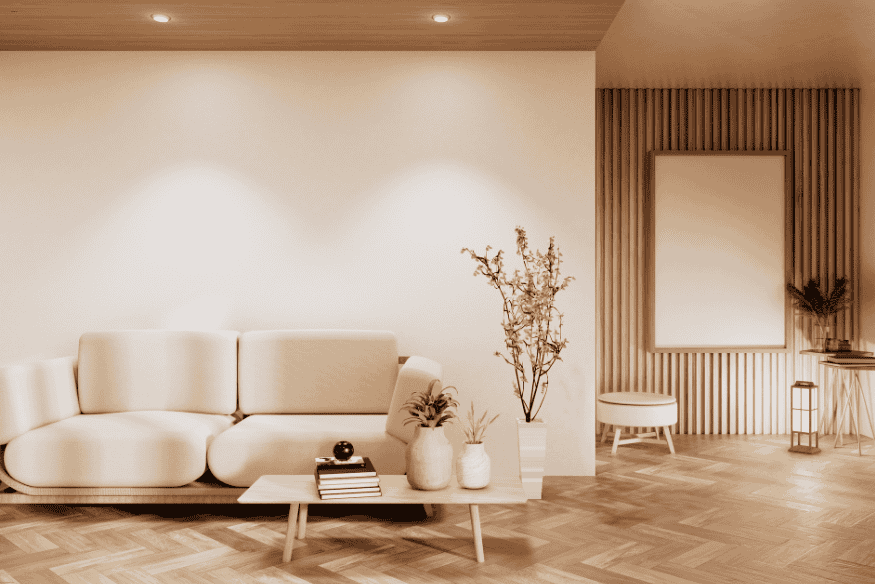 Sala minimalista escandinava com sofá claro, mesa de centro e elementos naturais.