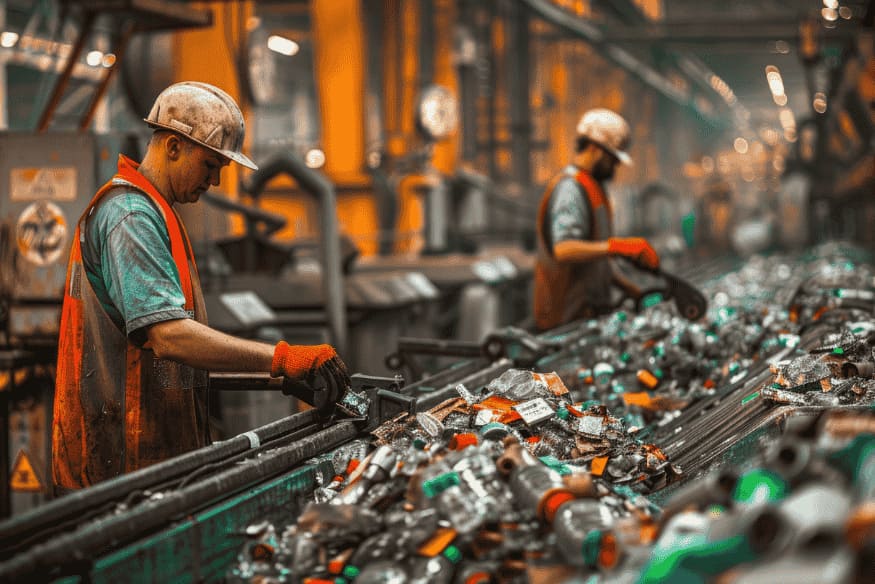 Trabalhadores em fábrica de reciclagem separando plásticos em uma esteira industrial.