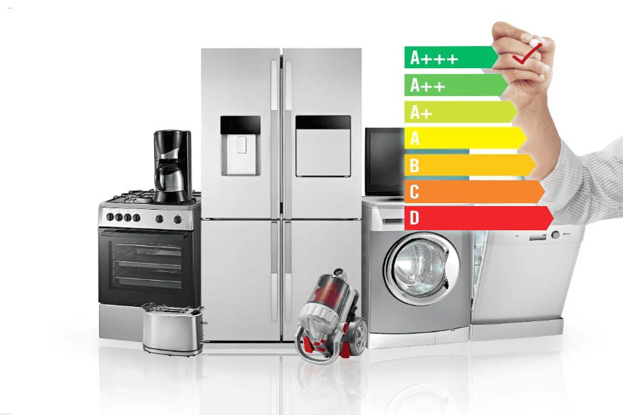 Linha de eletrodomésticos modernos com etiqueta de eficiência energética em destaque.