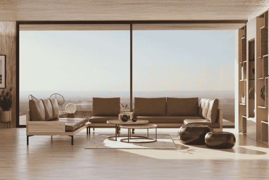 Sala minimalista com janelão panorâmico e vista para o horizonte.