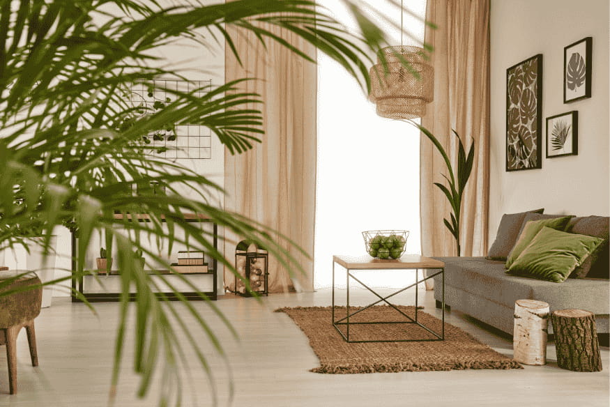 Sala iluminada com sofá cinza, almofadas verdes, mesa de centro e plantas ornamentais.