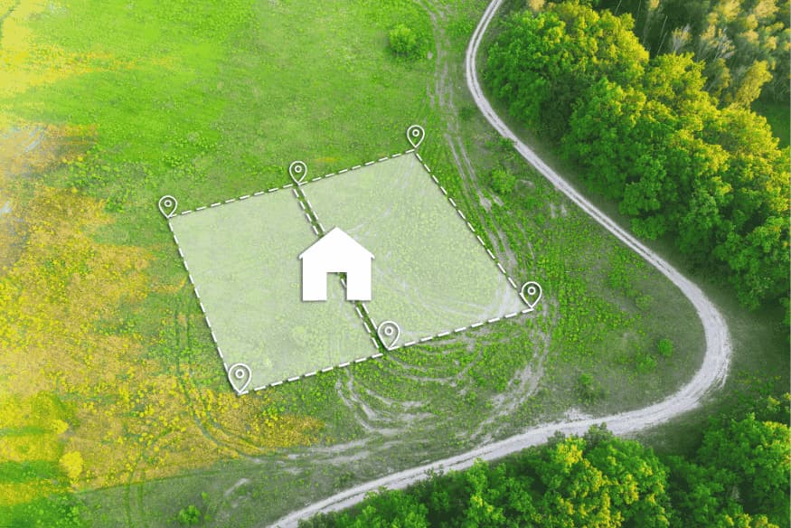 Ilustração aérea de terreno pequeno demarcado para construção inteligente.