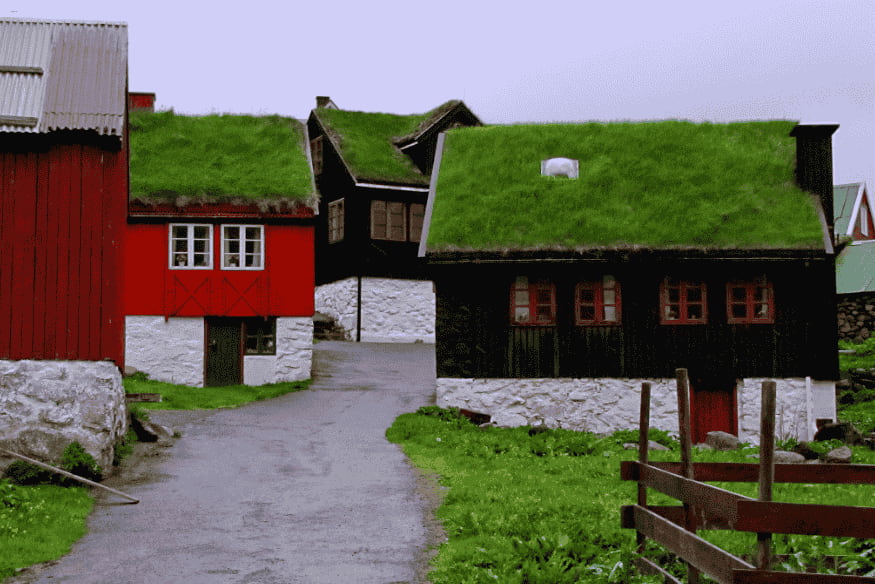 Casas tradicionais com telhados verdes de grama em vila histórica.